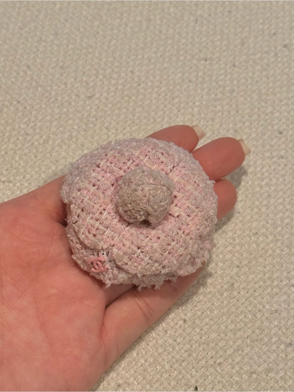 Chanel pink tweed camellia brooch